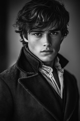 Fototapeta premium Black and white close-up portrait of a young man with wavy dark hair, dressed in a vintage double-breasted coat with ornate buttons. 