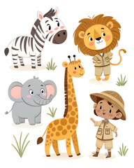 Naklejka premium A cute cartoon featuring a zebra, lion, elephant, giraffe, and a young explorer