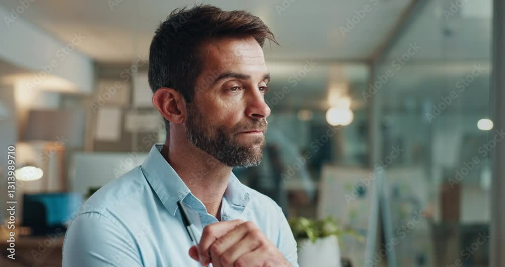 Poster Thinking, vision and idea with business man in office for reflection, economist and auditor. Memory, brainstorming and corporate solution with person in agency for problem solving and future