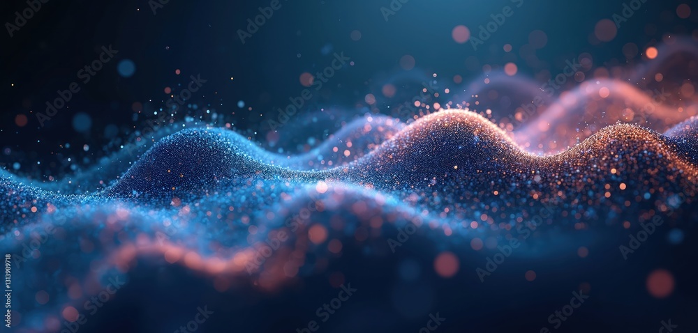 Aufkleber Abstract blue, orange particles wave background. Glowing dots create smooth, silk fractal flow. Curve line motion effect, 3d render wavy swirl space tech wallpaper. Modern design element.