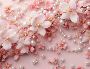 3d beautiful flowers and pearls on pink background, pearl decoration