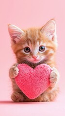 Adorable red kitten with plush heart on pink background