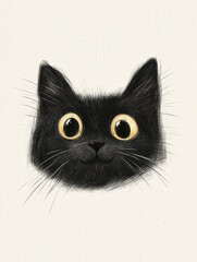 black cat face with a cute grin, squeezed toward the camera, surrounded by a plain background that adds to its charm