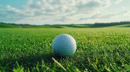 Fototapeta premium Golf ball on green fairway at sunset