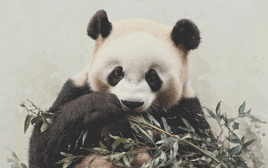 Fototapeta premium Giant Panda Enjoying Bamboo Leaves Close Up