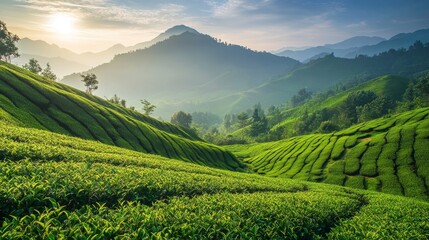 Fototapeta premium Lush Tea Plantation: A Verdant Landscape of Rolling Hills and Mountainous Beauty