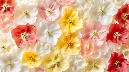 Obraz premium Flowers blooming, multicolor petals layered on surface, bright, spring, aerial