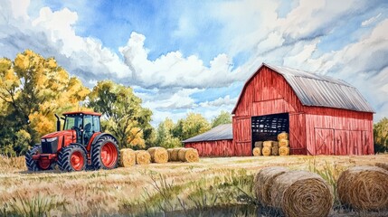 Fototapeta premium Traditional red barn surrounded by hay bales, with a tractor parked nearby