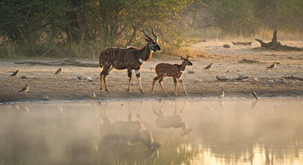 Fototapeta premium A Female Nyala and Her Calf Cautiously Approach a Watering Hole at Dawn. a Thin Mist Rises From the Water, While Soft Morning Light Filters Through the Trees