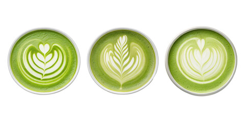 Green Matcha Latte on White Background in Three Different Styles for Refreshing Beverage Photography, Cut Out