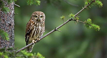 Obraz premium A Flammulated Owl Perched on a Thin Branch of a Conifer Tree in a High-Elevation Forest