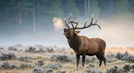 Fototapeta premium A Foggy Valley, Letting Out a Powerful Bugle That Echoes Through the