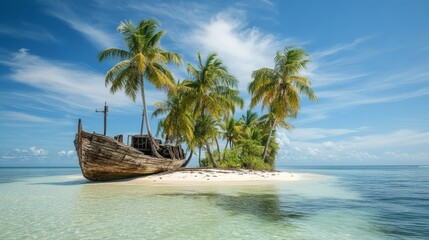 Naklejka premium Tropical island with an old pirate shipwreck resting on the beach, overgrown with palm trees