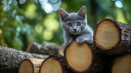 Charming Gray Kitten Perched on Stacked Logs in Natural Light
