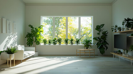 Fototapeta premium Bright Airy Living Room With Abundant Plants White Sofa and Warm Sunlight Streaming Through Large Window