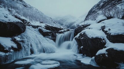 Winter's Embrace: A Frozen Waterfall Landscape with Snowy Mountains and Icy Rocks, a Serene Natural Scene