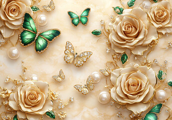 3D wallpaper with golden and green flowers, pearls, diamonds