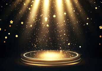 Illustration of a podium pedestal with golden light effects on a dark background, an award ceremony concept, with a glowing stars and spotlights backdrop, 