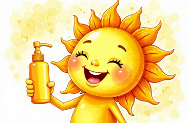 Smiling cartoon sun holding bottle of sunscreen with dispenser without labels. Sun safety and skin cancer protection concept. Baby care cosmetics 