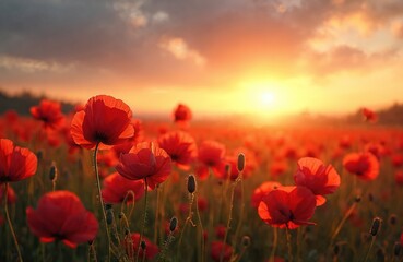 Idyllic sunset over poppy field with red flowers. Warm sunlight bathes meadow, creating dreamy spring landscape. Beautiful floral wallpaper with blossom, nature background, summer pasture scene.