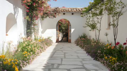Fototapeta premium A sunlit courtyard with a stone path and colorful flowers growing on the edges.