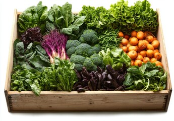 A top-down view of a wooden box filled with vegetables, isolated against a plain white background, is presented