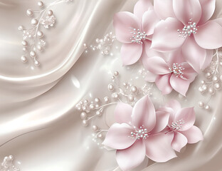 3d wallpaper with pink flowers and pearls background, spring illustration