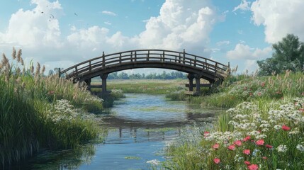 Fototapeta premium A wooden arched bridge spans a tranquil stream in a picturesque meadow with wildflowers and tall grasses under a blue sky with white clouds.