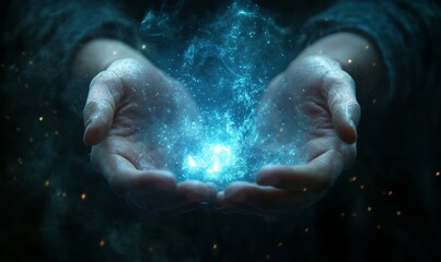 Fototapeta premium Mystical Blue Energy Orb Held in Hands Dark Fantasy Art glow magic power light cosmic sparkle 