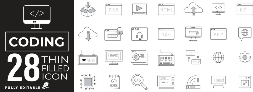 Coding and Web Development Icon Set &ndash; Programming, HTML, CSS, JavaScript, Database, and Software Symbols