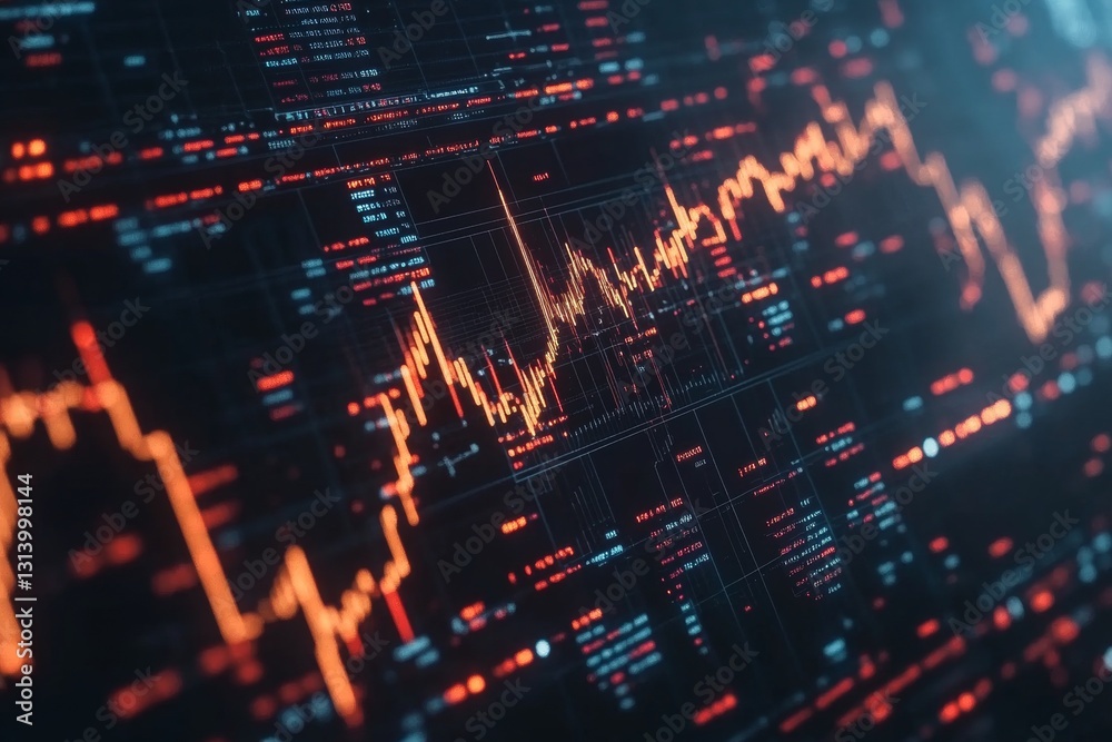Poster dynamic financial market data visualization with graphs and patterns in bold colors