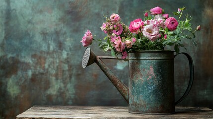 Vintage watering can with a floral arrangement, resting on a rustic table