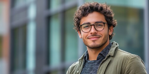 Obraz premium Confident Young Man Smiling Outdoors in Stylish Outfit with City Background