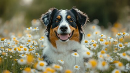 Happy Aussie Dog in a Chamomile Field