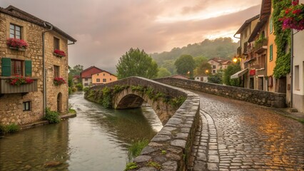 Obraz premium A cobblestone bridge, slick with rain, spans a narrow river in a quaint village.