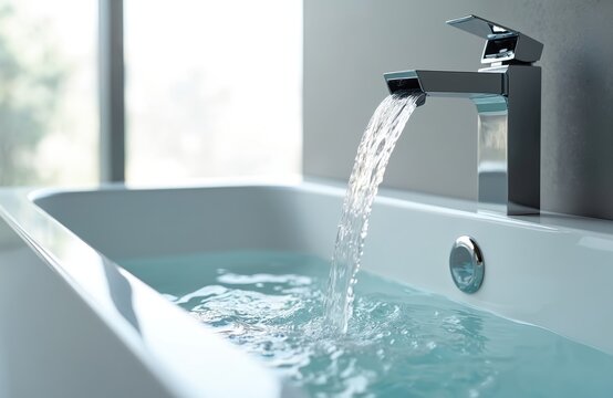 Chrome faucet fills white bathtub with clear water in modern bathroom. Contemporary tap mixer pouring stream. Plumbing fixture for home. Fresh clean interior, domestic elegance style. Relaxation