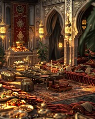Obraz premium Ultra detailed image of lavish Arabic Majlis celebration for a milestone birthday with plush velvet seating golden lanterns and a grand feast display
