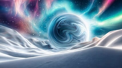 Surreal cosmic landscape with neon skies and mysterious planet in icy terrain.