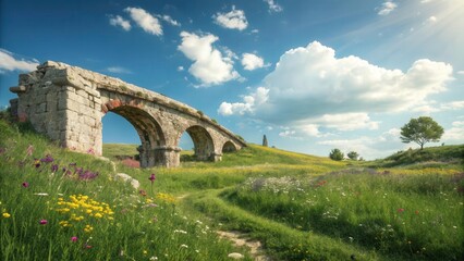 Fototapeta premium An ancient stone bridge stands in a sunlit meadow, its arches framing the vibrant colors of the surrounding landscape.