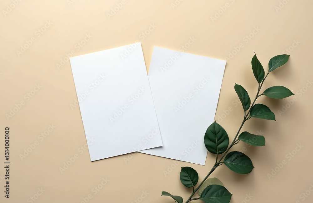 Aufkleber two blank white papers with plant branch flat lay on beige background. empty sheets for message, des