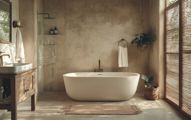 Modern Bathroom Interior Design with Freestanding Bathtub and Textured Walls