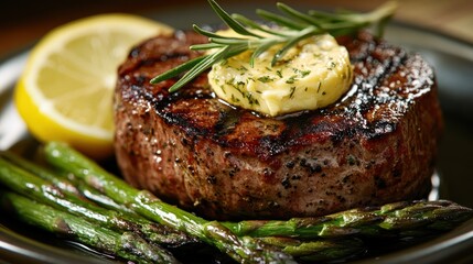 A succulent grilled steak, topped with herb butter and accompanied by grilled asparagus spears. The dish is garnished with a sprig of rosemary and a wedge of lemon to enhance the flavors.