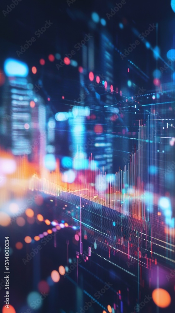 Poster abstract digital data visualization with colorful lights and glowing graphics in urban setting