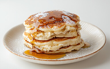 Golden Pancakes Stack with Syrup and Powdered Sugar