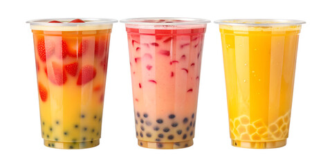 Three Different Styles of Fruit-Flavored Pearl Milk Tea in Glasses for Refreshing Beverage Photography, Cut Out