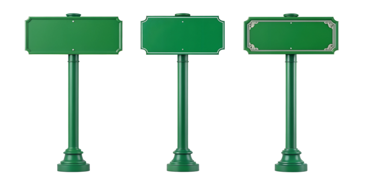 Green Street Sign on White Background in Three Different Styles for Street Photography, Cut Out