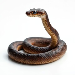 Fototapeta premium Water moccasin coiled body on white background. Venomous snake with brown, dark pattern. Dangerous reptile from American wildlife, fauna with curious stare raises head. Zoology species, herpetology