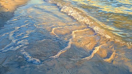 Serene beach scene textured sand and gentle waves under sunlight