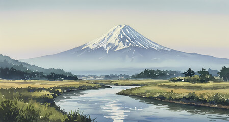 Fototapeta premium Watercolor Painting of Mount Fuji with River and Landscape