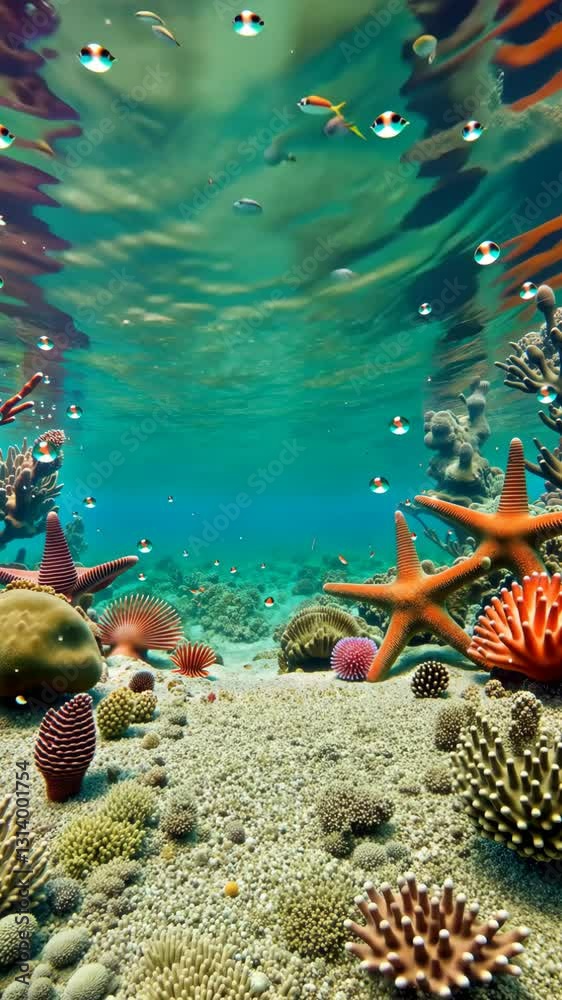 Poster A colorful underwater scene with many different types of sea creatures. The background is a bright blue color